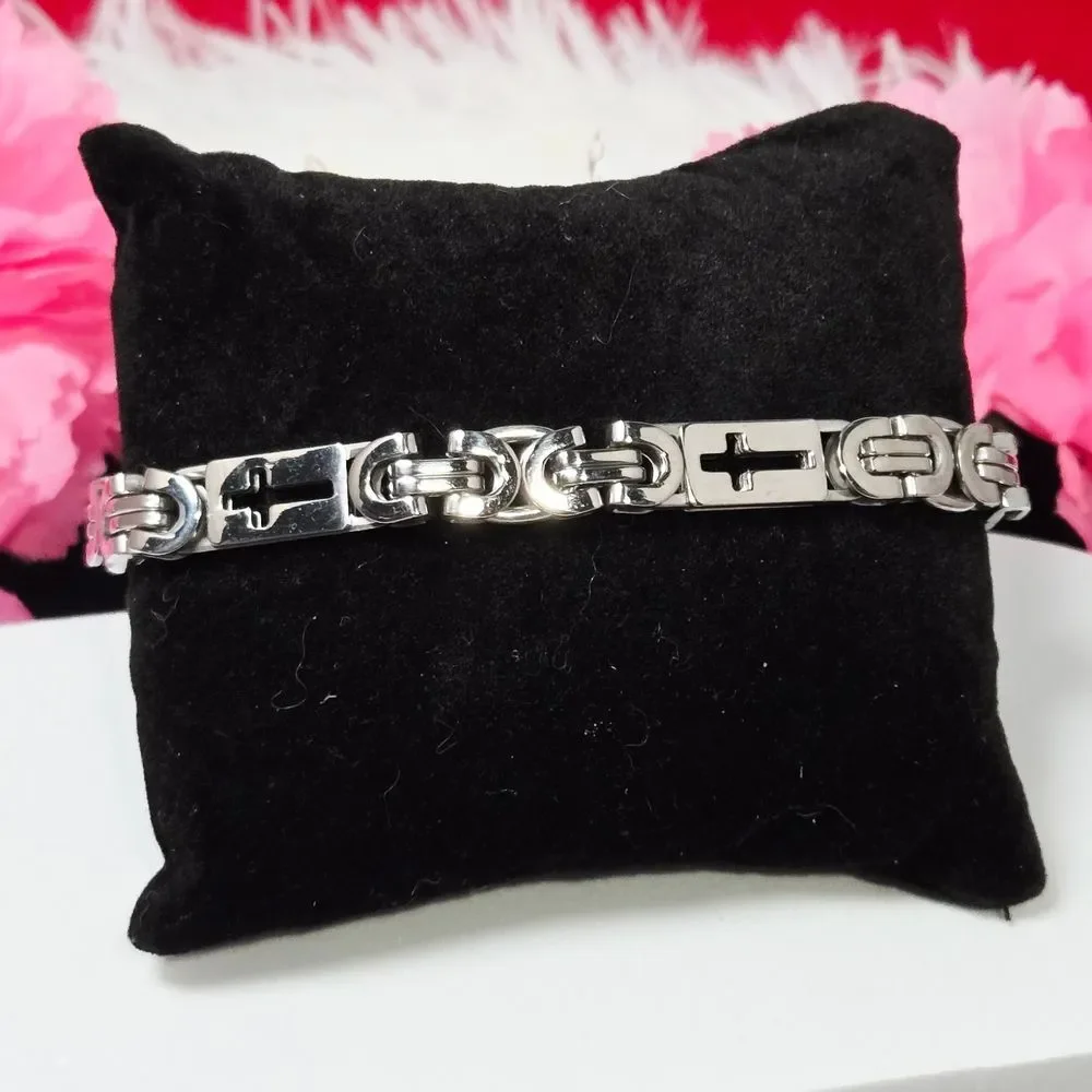 Silver Cross Byzantine Chain Bracelet | 8mm Stainless Steel | Men’s Jewelry